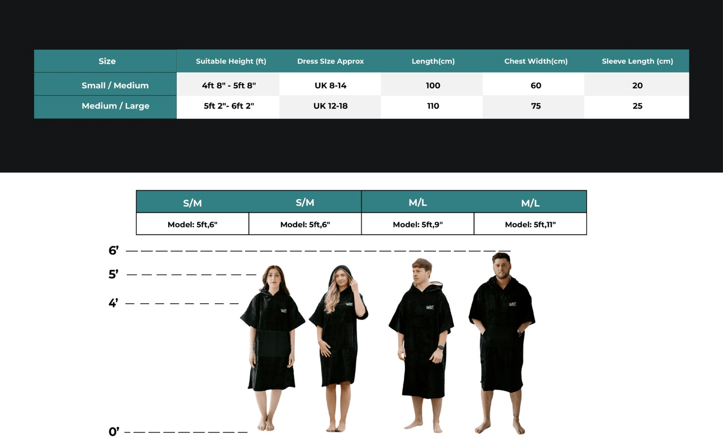 Size Chart for Wild & Free Outdoors Adult Towel Robe | Luxury Changing Robe & Coat in One
